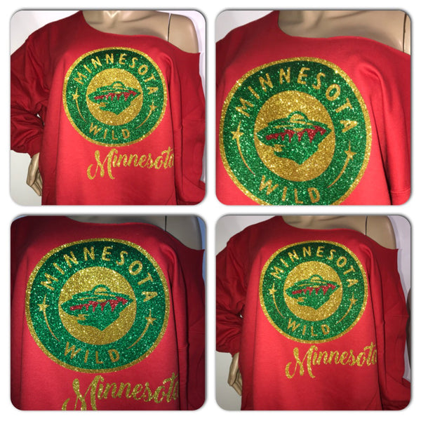 Minnesota Wild bling off the shoulder sweatshirt |  glitter sweatshirt | NHL sweatshirts