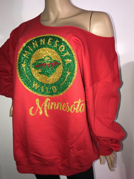 Minnesota Wild bling off the shoulder sweatshirt |  glitter sweatshirt | NHL sweatshirts