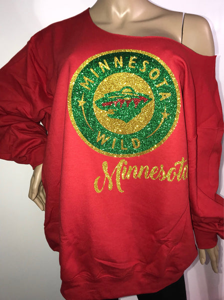 Minnesota Wild bling off the shoulder sweatshirt |  glitter sweatshirt | NHL sweatshirts