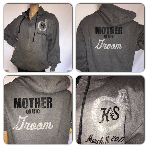 Mother of the Bride or Groom monogram glitter zip up hoodies | Customize with your bridal party name, colors, date of wedding