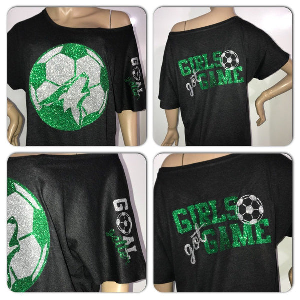 Customized Soccer Glam off the shoulder tshirt | Personalized Soccer tee