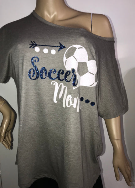 Customized Soccer Mom Glam off the shoulder tshirt | Personalized Soccer tee