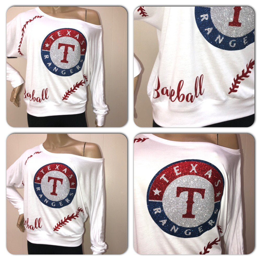 Rangers Glam Off the shoulder tee, Texas Rangers glitter shirt