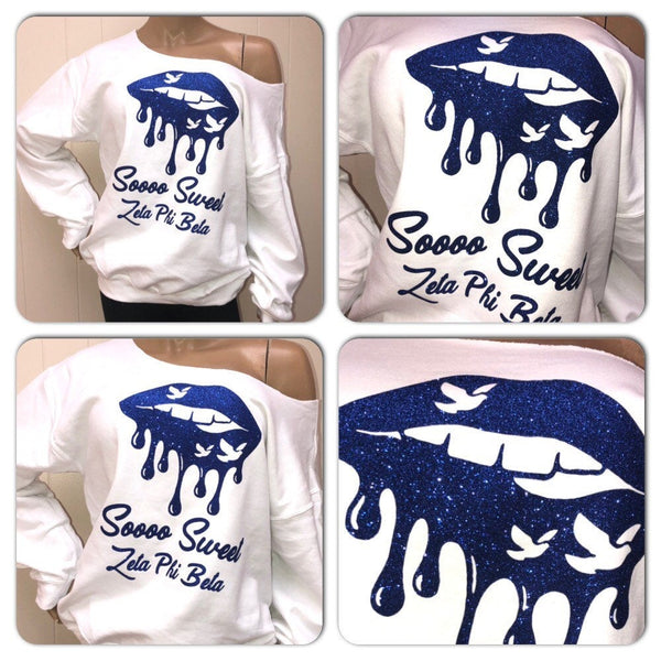 Zeta Phi Beta glitter sweatshirt, off the shoulder, bling design