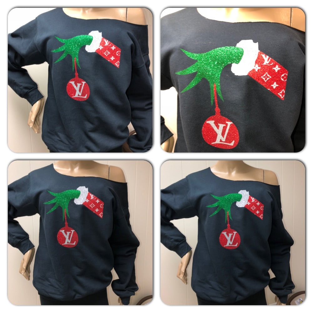 Grinch LV off the shoulder sweatshirt