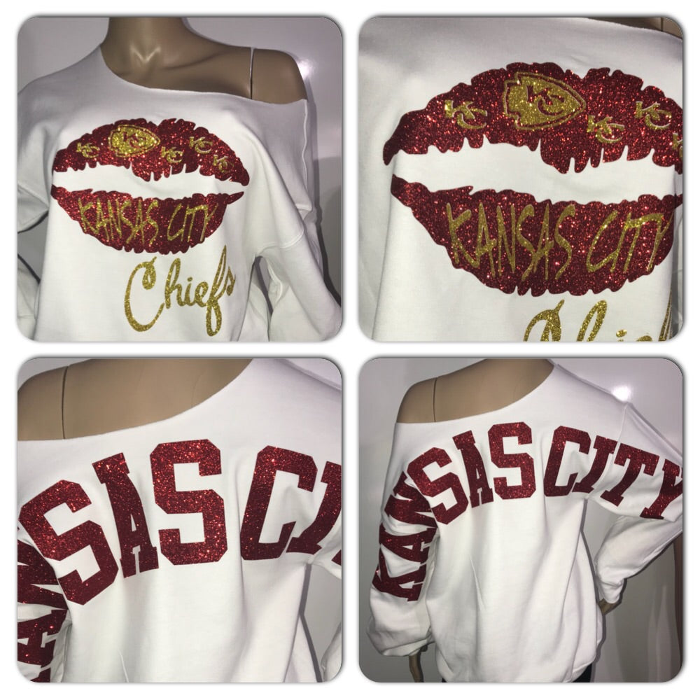 Chiefs off Shoulder Sweatshirt Raw Edge GLITTER // Chiefs 