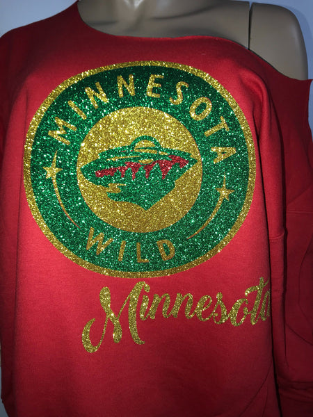 Minnesota Wild bling off the shoulder sweatshirt |  glitter sweatshirt | NHL sweatshirts