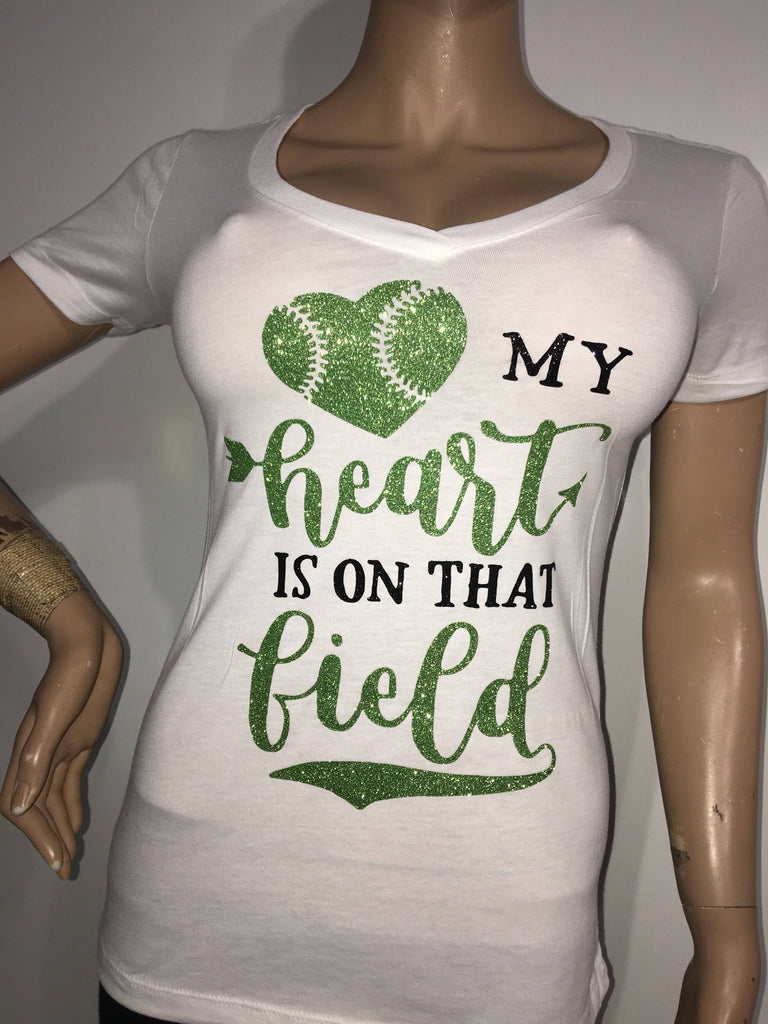 Baseball Heart Glam tee, My heart is on that field glitter t-shirt