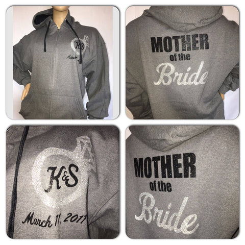 Mother of the Bride or Groom monogram glitter zip up hoodies | Customize with your bridal party name, colors, date of wedding