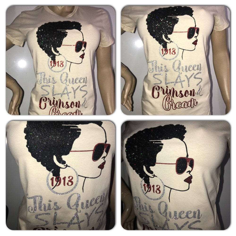 This Queen Slays Crimson & Cream Glam Tee | Sorority Glitter t-shirt | DST