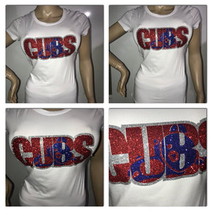 Women's Chicago Cubs Rhinestone baseball V-neck T-Shirt Tee Bling Lady 