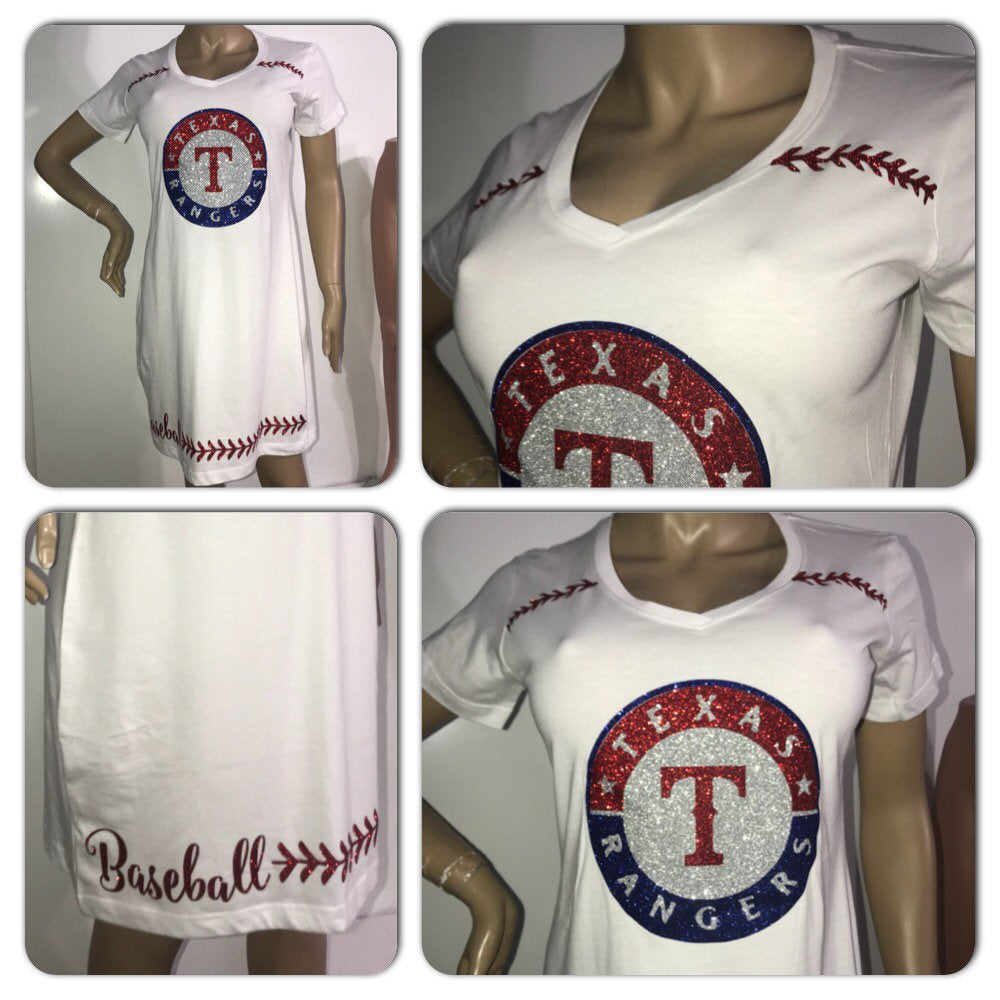 Rangers tshirt dress | Texas Rangers glitter dress | MLB apparel | custom ladies vneck dress