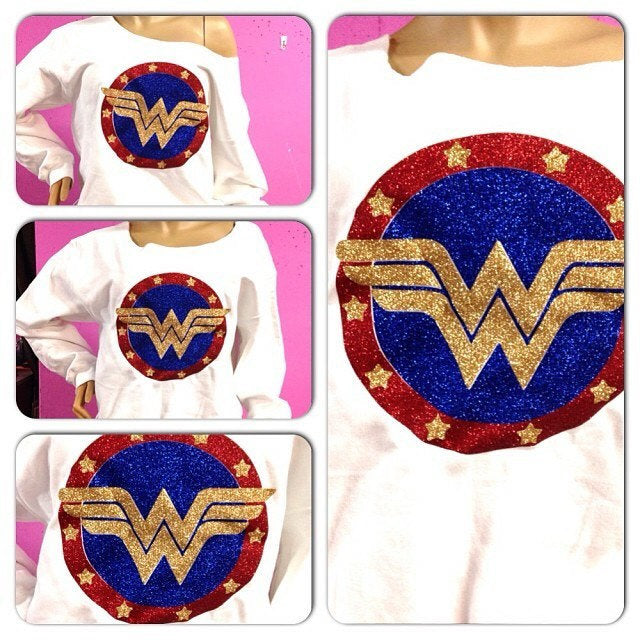 Wonder Woman Sweatshirt | Glam superhero Glitter sweatshirt | Glitter off the shoulder