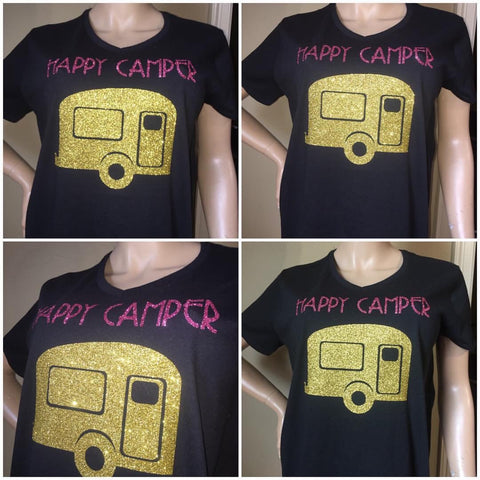 Happy Camper Glam off the shoulder tshirt | Camping tees