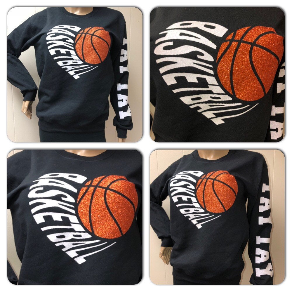 Personalized Backetball heart glitter sweatshirt | Customizable basketball off the shoulder sweatshirts | sports mom