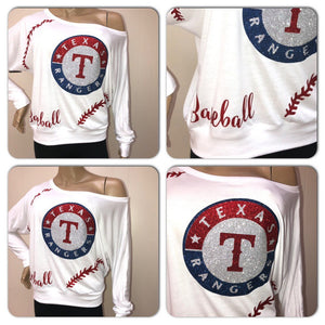 Rangers Glam Off the shoulder tee | Texas Rangers glitter shirt | MLB apparel | custom ladies baseball shirt